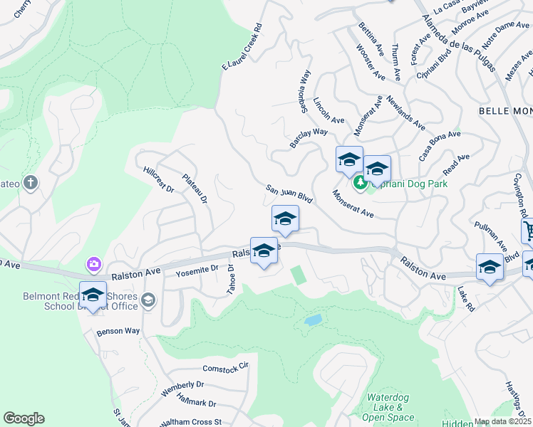 map of restaurants, bars, coffee shops, grocery stores, and more near 2624 Belmont Canyon Road in Belmont