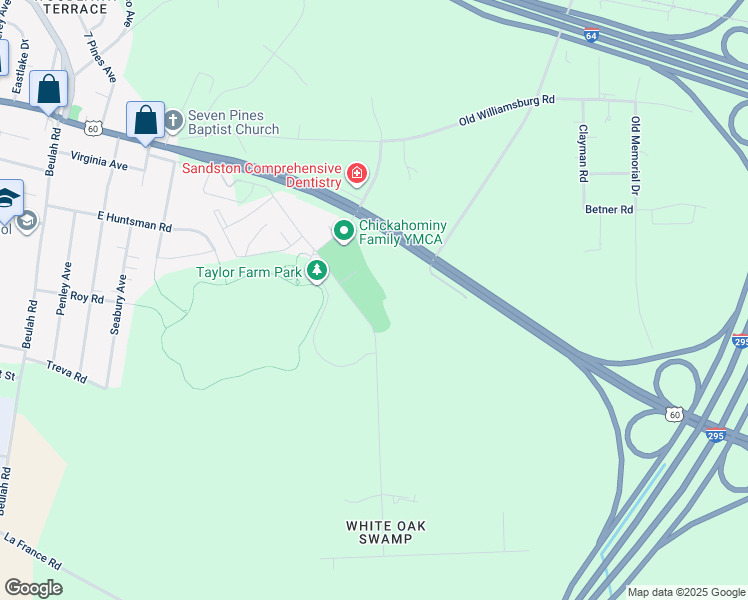map of restaurants, bars, coffee shops, grocery stores, and more near in Sandston