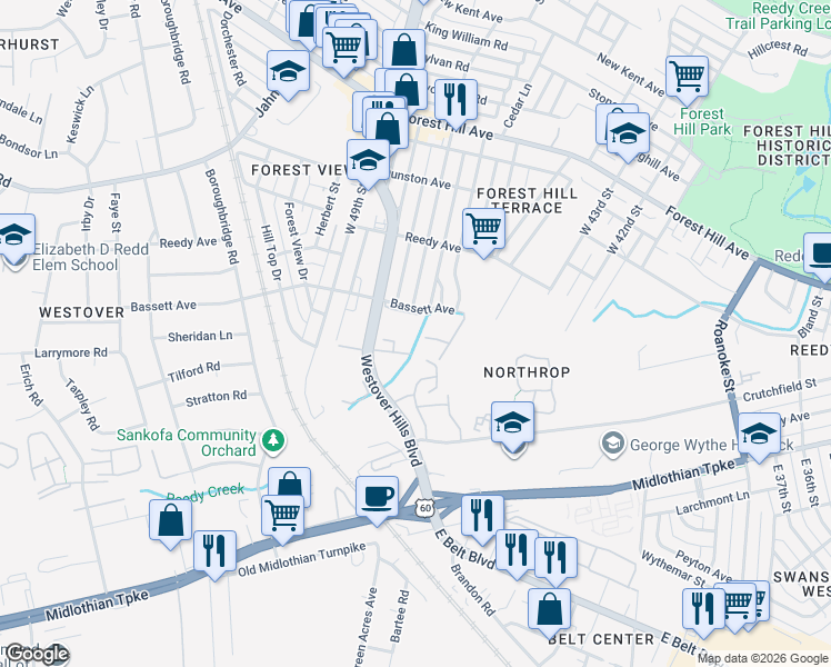 map of restaurants, bars, coffee shops, grocery stores, and more near 433 Virginia 161 in Richmond