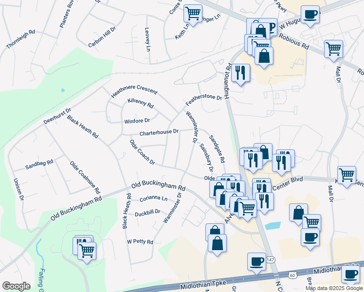 map of restaurants, bars, coffee shops, grocery stores, and more near 1611 Charrington Drive in Midlothian