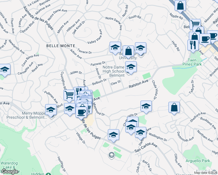 map of restaurants, bars, coffee shops, grocery stores, and more near 914 Avon Street in Belmont