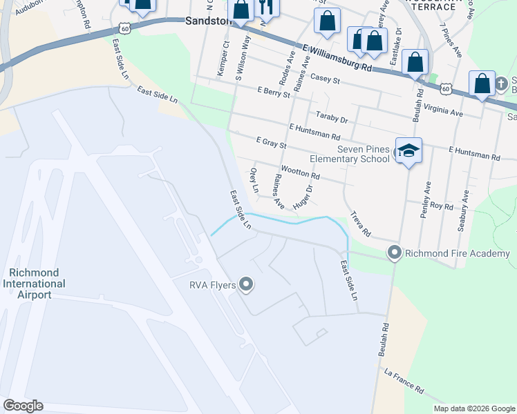 map of restaurants, bars, coffee shops, grocery stores, and more near East Side Lane in Sandston