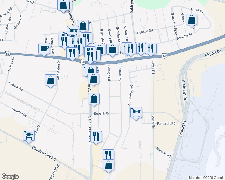 map of restaurants, bars, coffee shops, grocery stores, and more near 5300 Coxson Road in Richmond