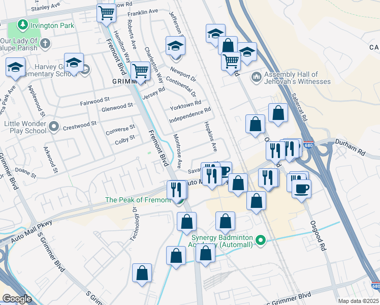 map of restaurants, bars, coffee shops, grocery stores, and more near 3672 Norfolk Road in Fremont