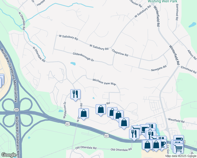 map of restaurants, bars, coffee shops, grocery stores, and more near 14324 Michaux Wood Way in Midlothian