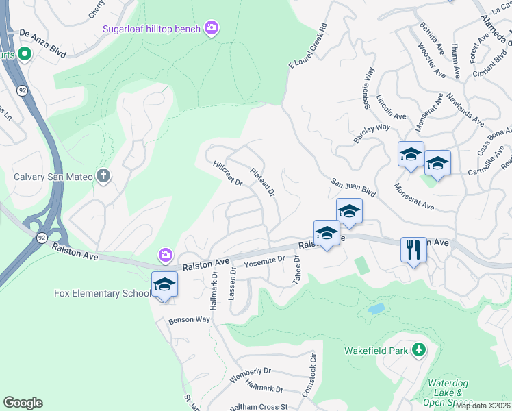 map of restaurants, bars, coffee shops, grocery stores, and more near 3602 Reposo Way in Belmont