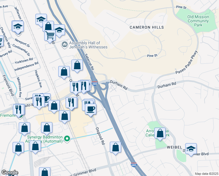 map of restaurants, bars, coffee shops, grocery stores, and more near 44017 Renoir Terrace in Fremont