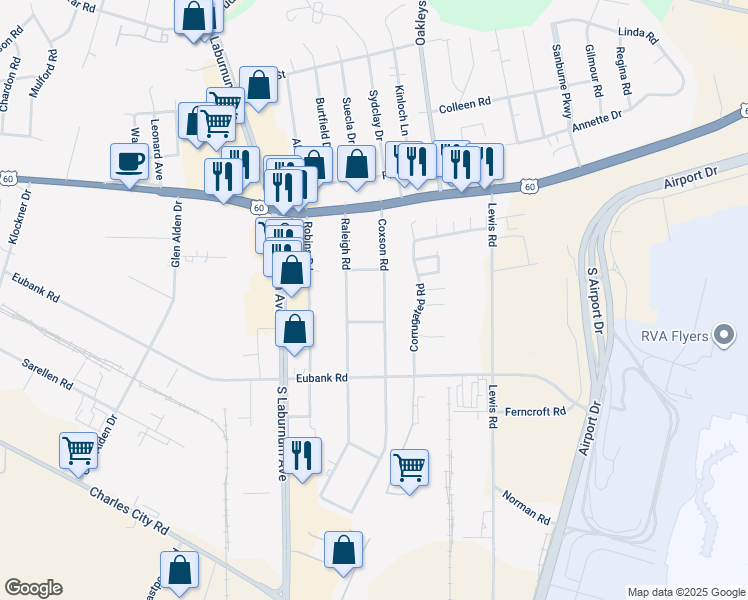map of restaurants, bars, coffee shops, grocery stores, and more near 5206 Coxson Road in Richmond