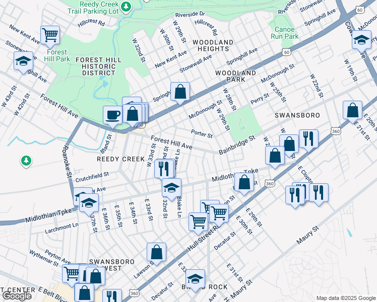 map of restaurants, bars, coffee shops, grocery stores, and more near 3100 Forest Hill Avenue in Richmond