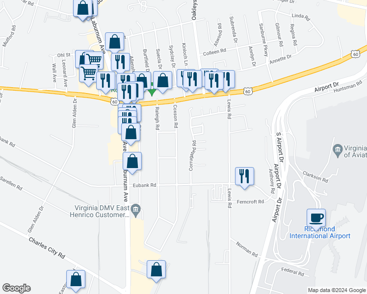 map of restaurants, bars, coffee shops, grocery stores, and more near 5207 Coxson Road in Richmond