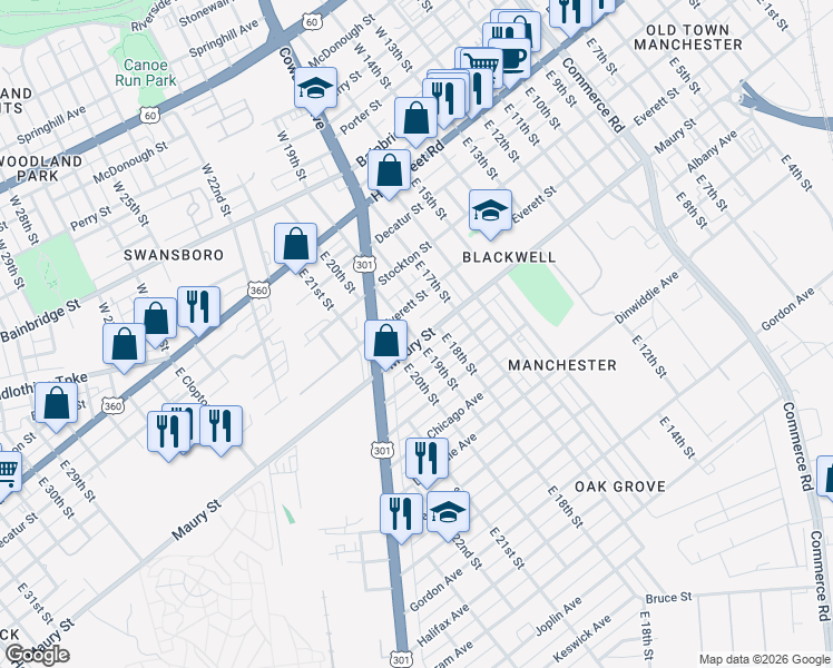 map of restaurants, bars, coffee shops, grocery stores, and more near 1821 Maury Street in Richmond