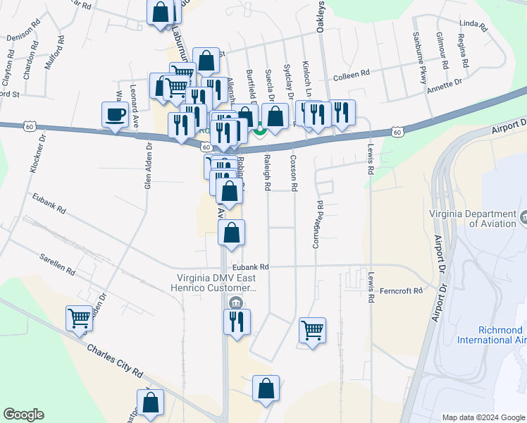 map of restaurants, bars, coffee shops, grocery stores, and more near 5206 Raleigh Road in Richmond