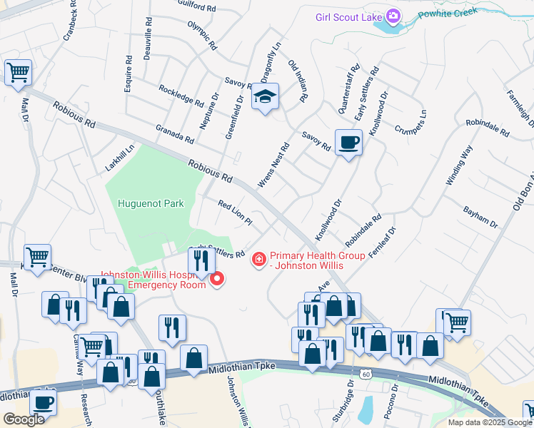 map of restaurants, bars, coffee shops, grocery stores, and more near 1750 Early Settlers Road in Bon Air