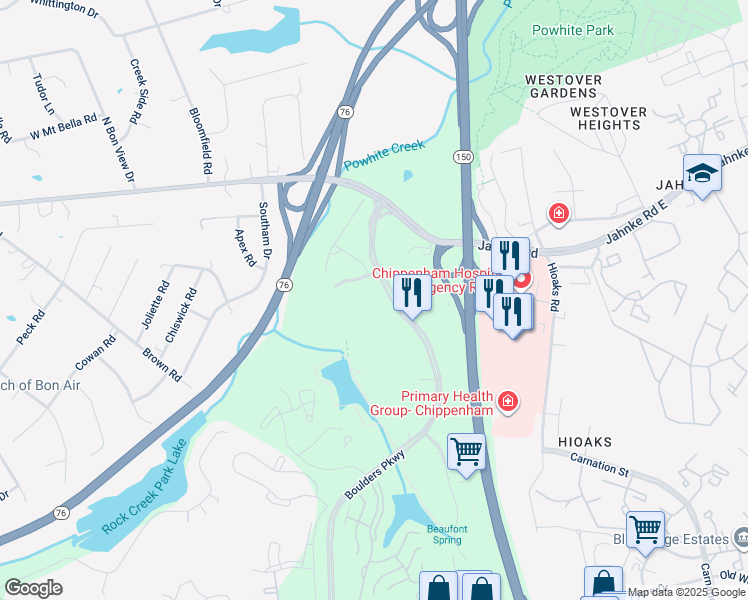 map of restaurants, bars, coffee shops, grocery stores, and more near 1100 Boulders Parkway in Richmond