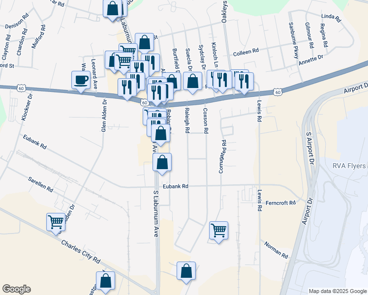 map of restaurants, bars, coffee shops, grocery stores, and more near 5206 Raleigh Road in Richmond