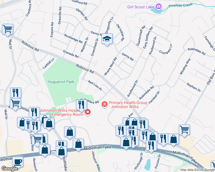 map of restaurants, bars, coffee shops, grocery stores, and more near 1750 Early Settlers Road in Bon Air
