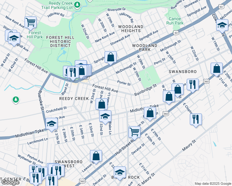 map of restaurants, bars, coffee shops, grocery stores, and more near 3100 Forest Hill Avenue in Richmond