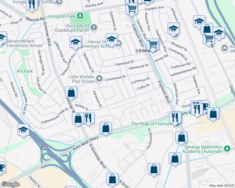map of restaurants, bars, coffee shops, grocery stores, and more near 43331 Sweetwood Street in Fremont