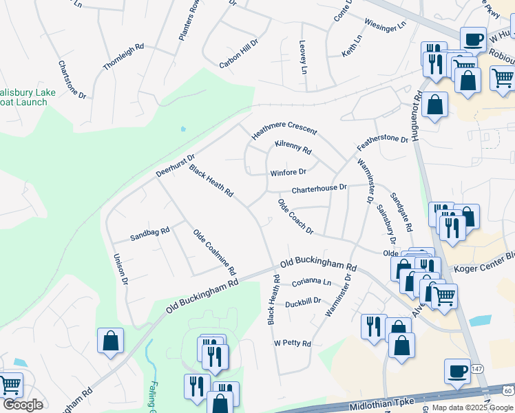 map of restaurants, bars, coffee shops, grocery stores, and more near 1507 Black Heath Road in Midlothian
