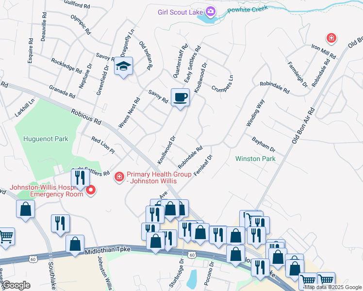 map of restaurants, bars, coffee shops, grocery stores, and more near 10324 Huntersdell Lane in Bon Air