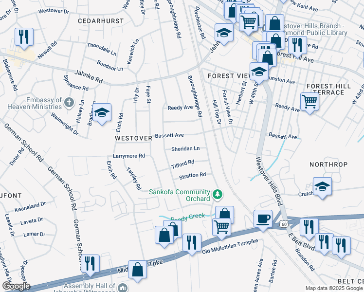 map of restaurants, bars, coffee shops, grocery stores, and more near 5240 Sheridan Ln in Richmond