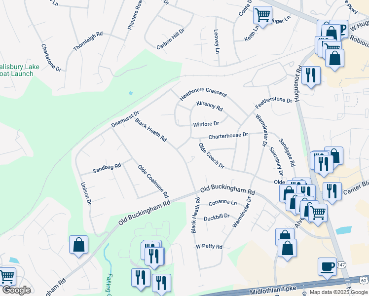 map of restaurants, bars, coffee shops, grocery stores, and more near 1507 Black Heath Road in Midlothian