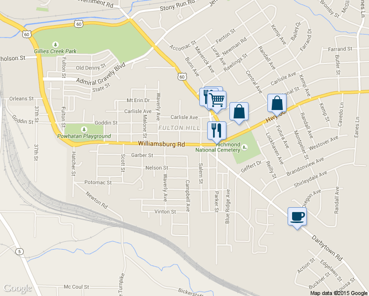 map of restaurants, bars, coffee shops, grocery stores, and more near 1505 Williamsburg Road in Richmond