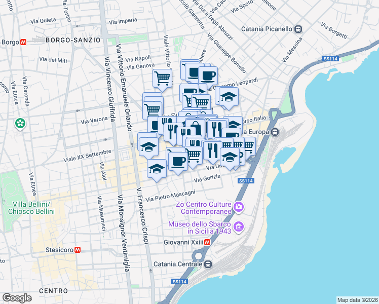 map of restaurants, bars, coffee shops, grocery stores, and more near 131 Via Vecchia Ognina in Catania