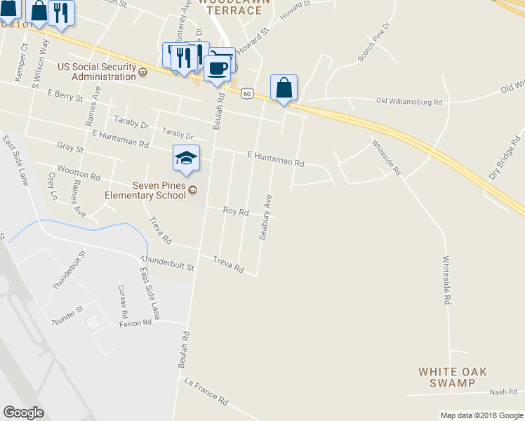 map of restaurants, bars, coffee shops, grocery stores, and more near 323 Seabury Avenue in Sandston