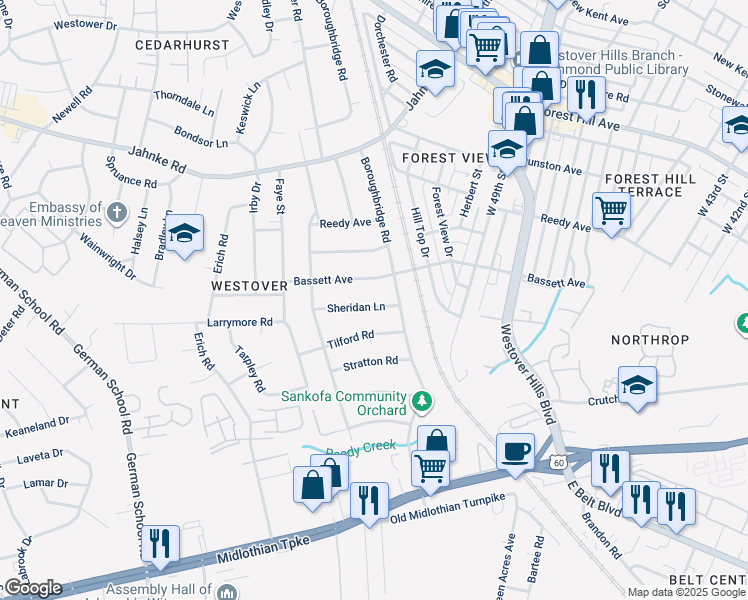 map of restaurants, bars, coffee shops, grocery stores, and more near 5216 Sheridan Lane in Richmond