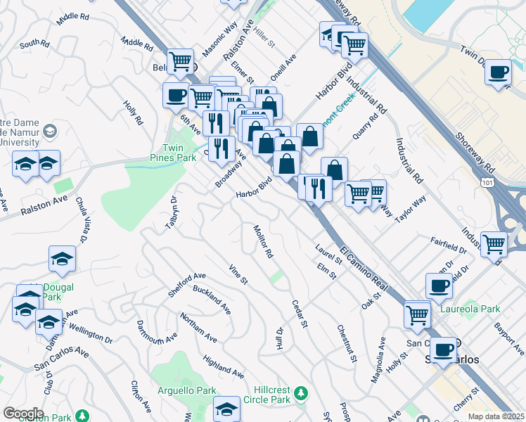 map of restaurants, bars, coffee shops, grocery stores, and more near 1508 6th Avenue in Belmont