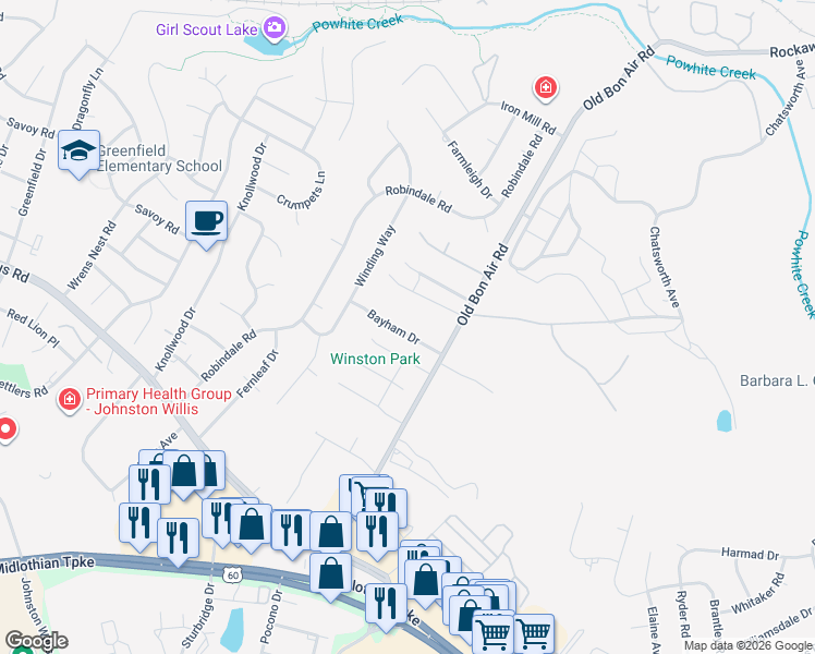 map of restaurants, bars, coffee shops, grocery stores, and more near 1348 Old Bon Air Road in Richmond