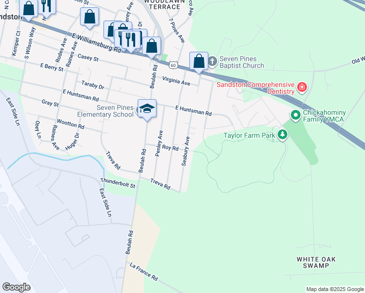map of restaurants, bars, coffee shops, grocery stores, and more near 323 Seabury Avenue in Sandston