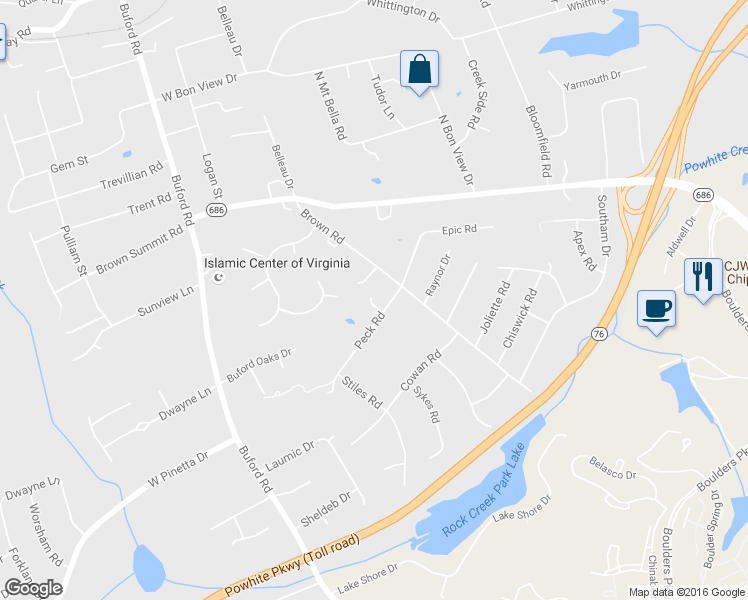 map of restaurants, bars, coffee shops, grocery stores, and more near 1132 Peck Road in Richmond