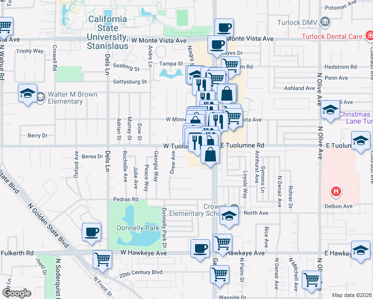 map of restaurants, bars, coffee shops, grocery stores, and more near 2420 Saint Louis Place in Turlock