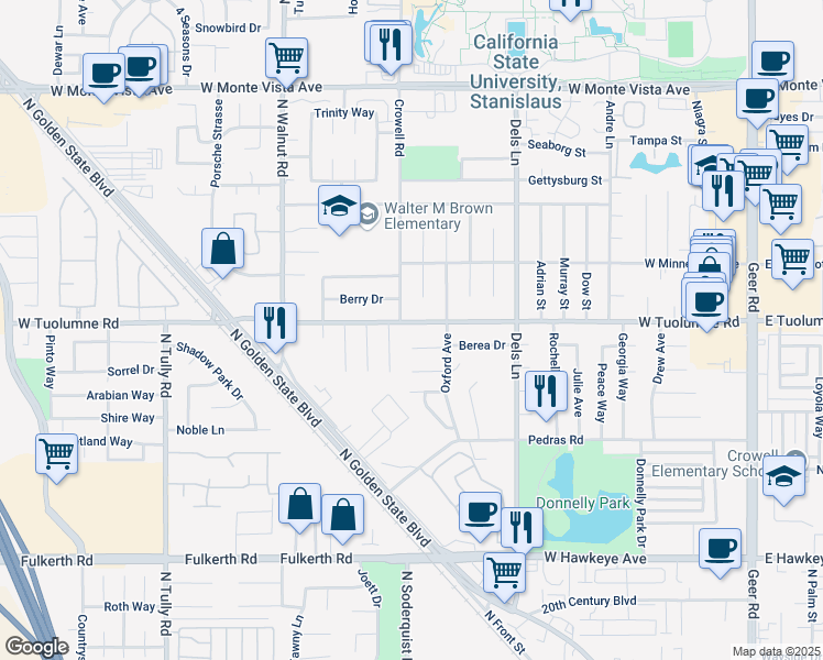 map of restaurants, bars, coffee shops, grocery stores, and more near 1140 West Tuolumne Road in Turlock