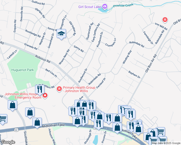 map of restaurants, bars, coffee shops, grocery stores, and more near 10324 Huntersdell Lane in Bon Air