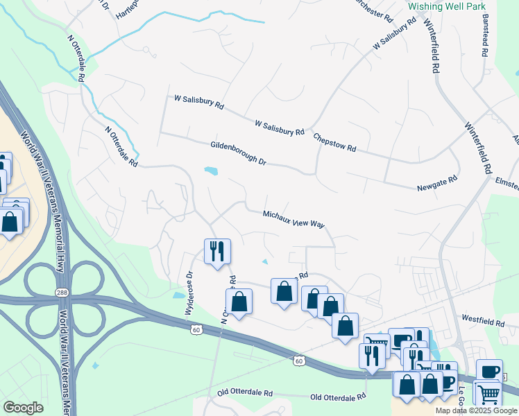 map of restaurants, bars, coffee shops, grocery stores, and more near 14400 Michaux View Way in Midlothian