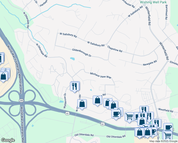map of restaurants, bars, coffee shops, grocery stores, and more near 14400 Michaux View Way in Midlothian