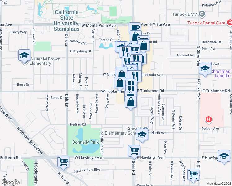 map of restaurants, bars, coffee shops, grocery stores, and more near 2420 Saint Louis Place in Turlock