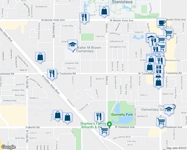 map of restaurants, bars, coffee shops, grocery stores, and more near 2425 Oxford Avenue in Turlock