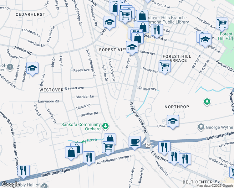 map of restaurants, bars, coffee shops, grocery stores, and more near 706 Forest View Drive in Richmond