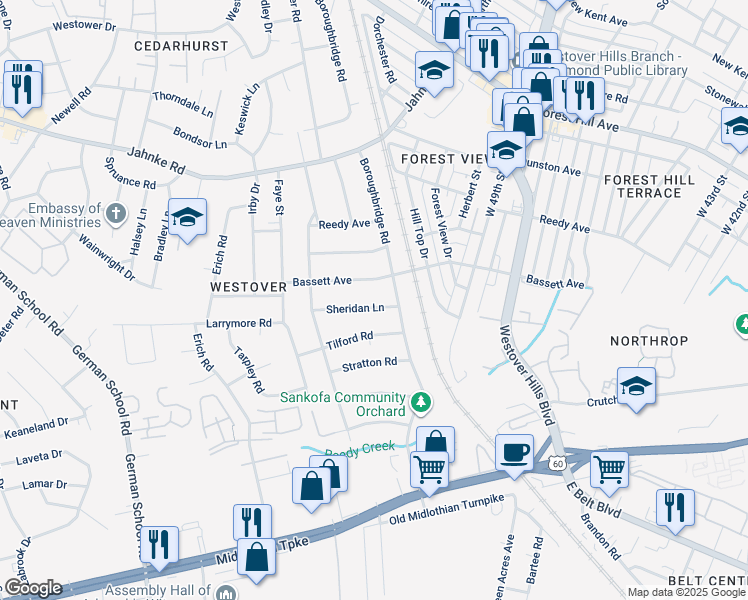 map of restaurants, bars, coffee shops, grocery stores, and more near 5216 Sheridan Lane in Richmond