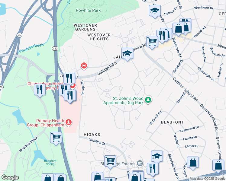 map of restaurants, bars, coffee shops, grocery stores, and more near 1101 Grand Brook Drive in Richmond