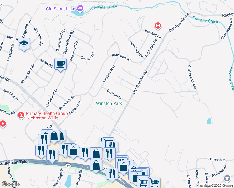 map of restaurants, bars, coffee shops, grocery stores, and more near 10102 Bayham Drive in Richmond