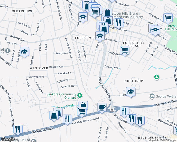 map of restaurants, bars, coffee shops, grocery stores, and more near 706 Forest View Drive in Richmond