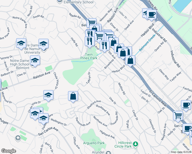 map of restaurants, bars, coffee shops, grocery stores, and more near 1235 Talbryn Drive in Belmont
