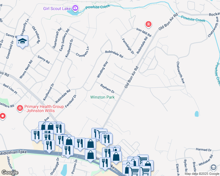 map of restaurants, bars, coffee shops, grocery stores, and more near 10102 Bayham Drive in Richmond