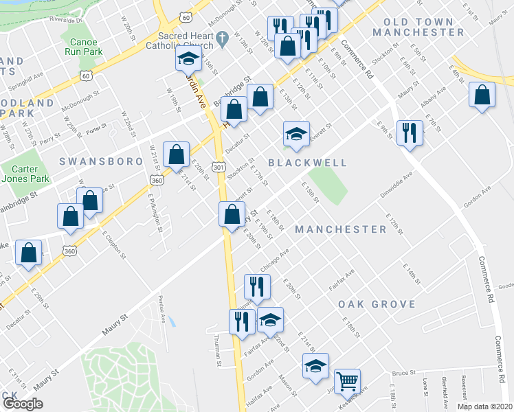 map of restaurants, bars, coffee shops, grocery stores, and more near 1811 Maury Street in Richmond