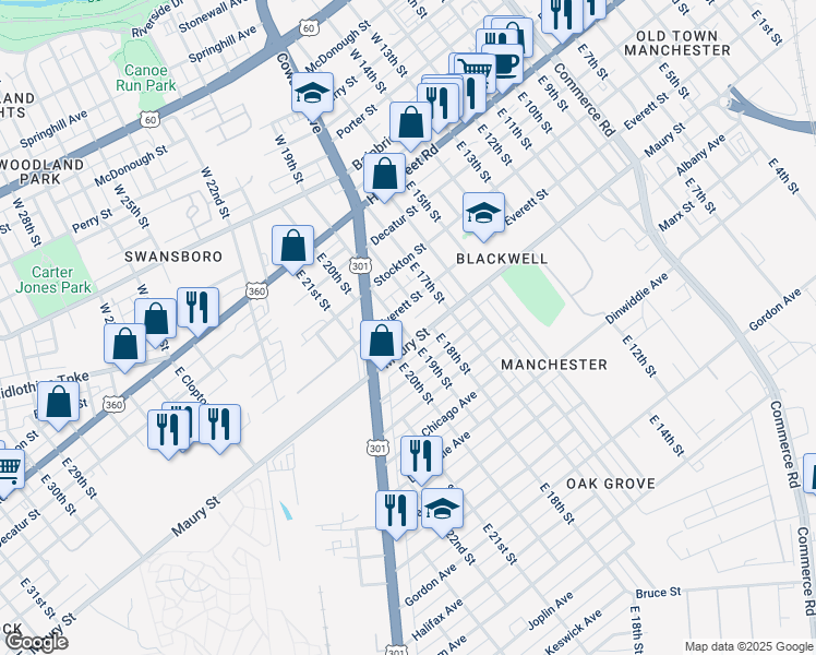 map of restaurants, bars, coffee shops, grocery stores, and more near 316 East 19th Street in Richmond